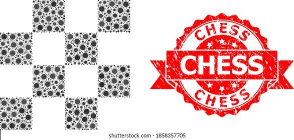 Vector mosaic chess cells of covid-2019 virus, and Chess rubber ribbon stamp seal. Virus elements inside chess cells composition. Red stamp seal has Chess caption inside ribbon.