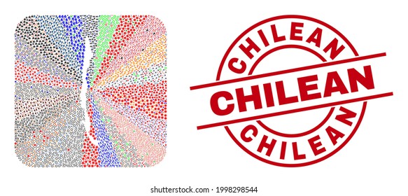 Vector mosaic Chile map of different symbols and Chilean seal stamp. Mosaic Chile map created as subtraction from rounded square. Red round stamp with Chilean text.