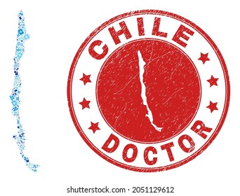 Vector mosaic Chile map with injection icons, medicine symbols, and grunge healthcare watermark. Red round watermark with distress rubber texture and Chile map caption and map.