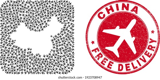 Vector mosaic China map of airplane items and grunge Free Delivery seal stamp. Mosaic geographic China map created as hole from rounded square shape with moving out aeroplanes.