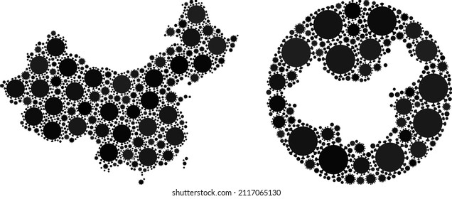 Vector mosaic China map of covid infection icons. Mosaic geographic China map constructed as stencil from circle with covid-2019 icons in black color hues. Abstraction for medical purposes.