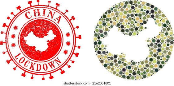 Vector mosaic China map of covid-2019 elements and grunge LOCKDOWN seal stamp.
