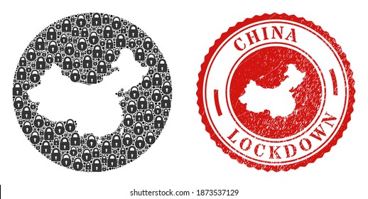 Vector mosaic China map of locks and grunge LOCKDOWN stamp. Mosaic geographic China map designed as carved shape from circle with black locks.