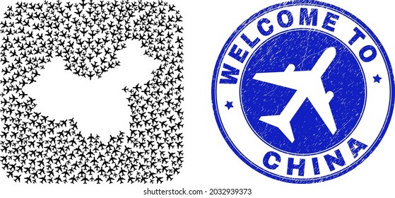 Vector mosaic China map of sky jet items and grunge Welcome stamp. Mosaic geographic China map designed as hole from rounded square with air trips.