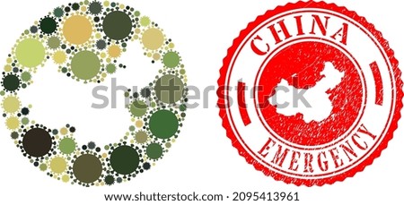 Vector mosaic China map of virus icons and grunge EMERGENCY seal. Mosaic geographic China map constructed as stencil from circle with virus outbreak icons in camo army colors.
