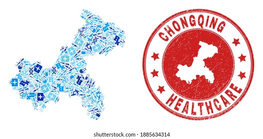 Mosaico vectorial del mapa de la ciudad de Chongqing con iconos de dosis, símbolos de análisis e imitación de caucho de sanidad grunge. Sello redondo rojo con textura de goma gruesa y mapa de la ciudad de Chongqing.