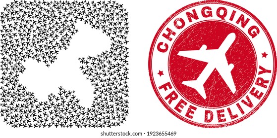 Vector mosaic Chongqing City map of air force elements and grunge Free Delivery badge.