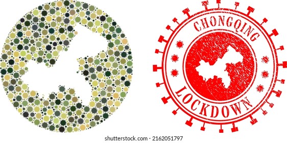 Vector mosaic Chongqing City map of coronavirus icons and grunge LOCKDOWN seal stamp.