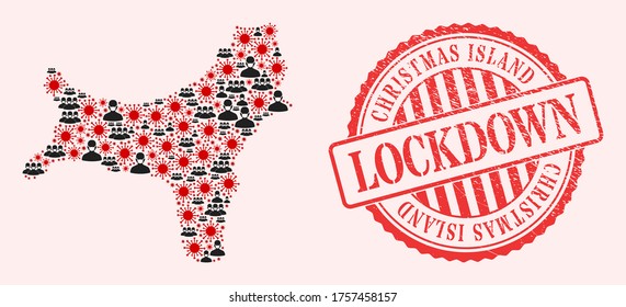 Vector mosaic Christmas Island map of covid-2019 virus, masked people and red grunge lockdown seal stamp. Virus particles and people in masks inside Christmas Island map.