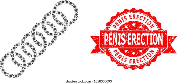 Vector mosaic circle chain of corona virus, and Penis Erection scratched ribbon seal print. Virus elements inside circle chain mosaic. Red seal has Penis Erection caption inside ribbon.