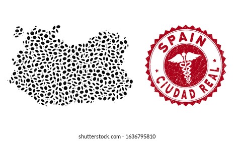 Vector mosaic Ciudad Real Province map and red rounded distressed stamp watermark with medicine symbol. Ciudad Real Province map collage created with ellipse spots. Red rounded medicine watermark,