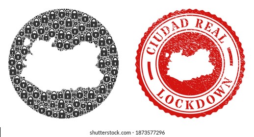 Vector mosaic Ciudad Real Province map of locks and grunge LOCKDOWN seal. Mosaic geographic Ciudad Real Province map designed as stencil from round shape with black locks.