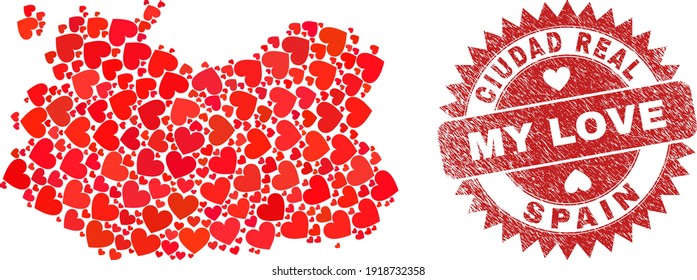 Vector mosaic Ciudad Real Province map of valentine heart elements and grunge My Love badge. Mosaic geographic Ciudad Real Province map created with love hearts.