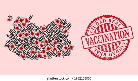 Vector mosaic Ciudad Real Province map of flu virus, vaccination icons, and red grunge vaccination seal stamp. Virus cells and treatment needles inside Ciudad Real Province map.