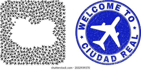 Vector mosaic Ciudad Real Province map of air shipping items and grunge Welcome badge. Mosaic geographic Ciudad Real Province map created as stencil from rounded square with airplanes.