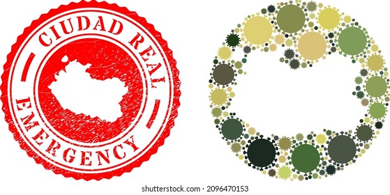 Vector mosaic Ciudad Real Province map of covid infection elements and grunge EMERGENCY seal stamp.