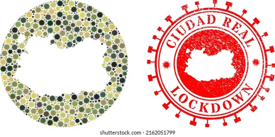 Vector mosaic Ciudad Real Province map of sars virus elements and grunge LOCKDOWN stamp.