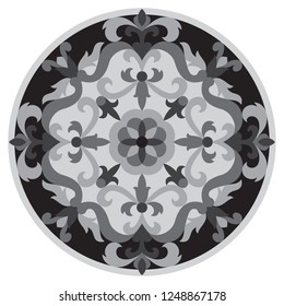 Vector mosaic classic black and white medallion. Abstract floral round composition for interior decoration, ceramic tile, textile prints.