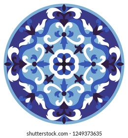 Vector mosaic classic blue and white medallion. Abstract floral round majolica composition for interior decoration, ceramic tile, textile prints.