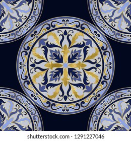Vector mosaic classic blue and white seamless pattern with gold foil elements. Abstract floral round repeat medallion background for interior decoration, ceramic tile, textile prints.