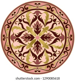 Vector mosaic classic medallion with gold foil and geometric elements. Abstract floral round composition for interior decoration, ceramic tile, textile prints, home decor.