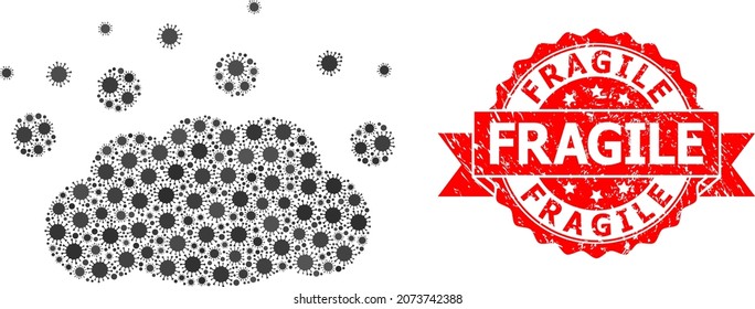 Vector mosaic cloud emission of flu virus, and Fragile unclean ribbon seal. Virus cells inside cloud emission mosaic. Red seal has Fragile caption inside ribbon.
