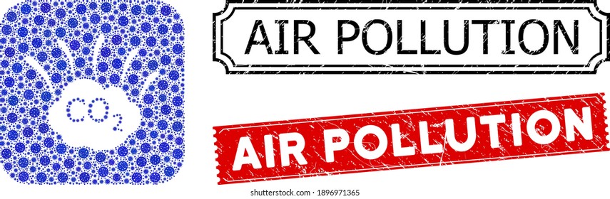 Vector mosaic CO2 emission cloud and grunge Air Pollution stamps. Mosaic CO2 emission cloud designed as carved shape from rounded square with blue cell icons.