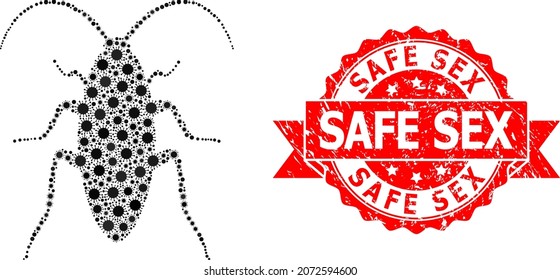Vektor-Mosaik-Kakerlaken des Covid-2019-Virus und Safe Sex korrodierte Bandstempel. Virusartikel innerhalb des Schabe-Mosaiks. Rote Stempelversiegelung beinhaltet Safe Sex-Beschriftung innerhalb der Schleife.