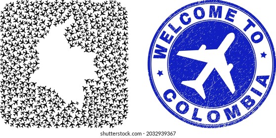 Vector mosaic Colombia map of air vehicle elements and grunge Welcome seal. Mosaic geographic Colombia map designed as hole from rounded square shape with airliners.
