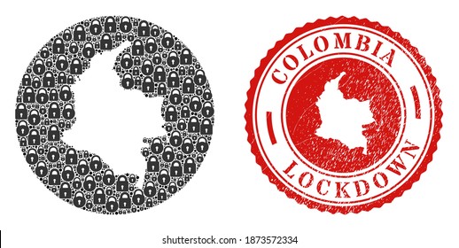 Vector mosaic Colombia map of locks and grunge LOCKDOWN stamp. Mosaic geographic Colombia map designed as carved shape from round shape with black locks.