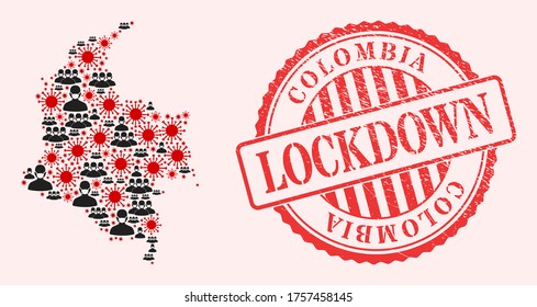 Vector mosaic Colombia map of SARS virus, masked people and red grunge lockdown seal. Virus items and people in masks inside Colombia map. Red imprint with distress rubber texture and LOCKDOWN word.