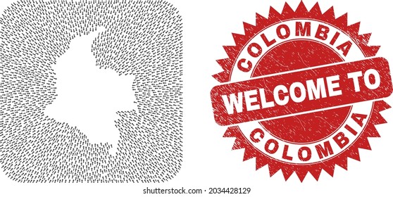 Vector mosaic Colombia map of straight arrows and grunge Welcome seal. Mosaic geographic Colombia map created as carved shape from rounded square shape with straight arrows.