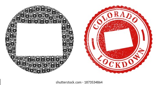 Vektor mosaic Colorado State Karte der Schlösser und grunge LOCKDOWN Siegel. Mosaik geographische Colorado-Landkarte, die als Subtraktion aus runder Form mit schwarzen Schlössern konstruiert wurde.
