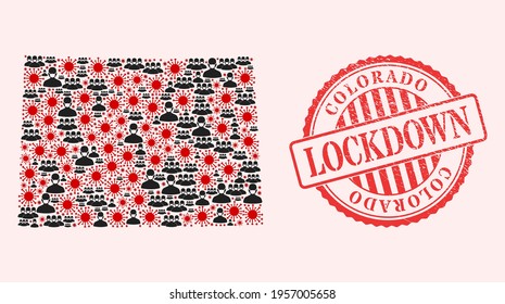 Vector mosaic Colorado State map of SARS virus, masked men and red grunge lockdown seal stamp. Virus elements and men in masks inside Colorado State map.