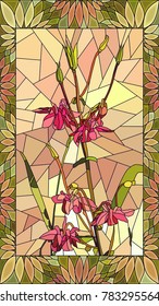 Vector mosaic with columbine flowers in vertical stained-glass window frame.