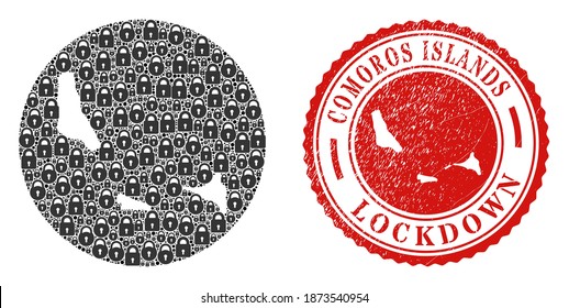 Mosaico vectorial de las Islas Comoras mapa de cerraduras y grunge sello de sellado LOCKDOWN. Mapa geográfico mosaico de las Islas Comoras creado como un agujero de forma redonda con cerraduras negras.