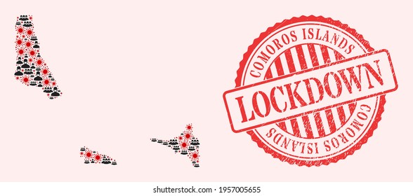 Vector mosaic Comoros Islands map of flu virus, masked people and red grunge lockdown stamp. Virus elements and people in masks inside Comoros Islands map.