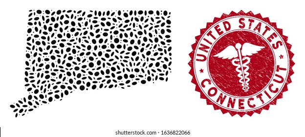 Vector mosaic Connecticut State map and red rounded distressed stamp watermark with medicine icon. Connecticut State map collage composed with elliptic spots. Red rounded health care watermark,