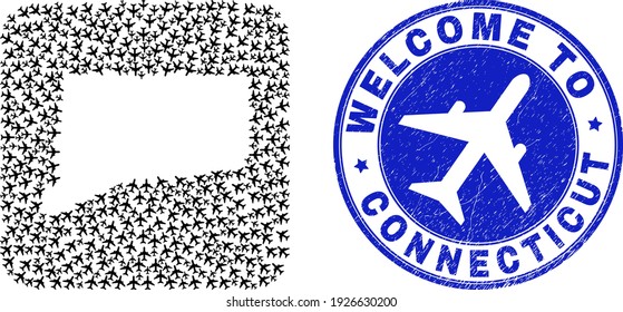 Vector mosaic Connecticut State map of transportation items and grunge Welcome seal. Collage geographic Connecticut State map designed as carved shape from rounded square shape with air trips.