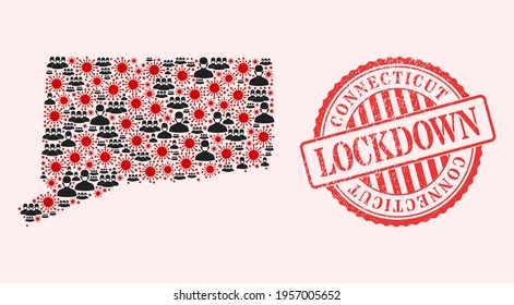 Vector mosaic Connecticut State map of SARS virus, masked men and red grunge lockdown seal. Virus elements and men in masks inside Connecticut State map.