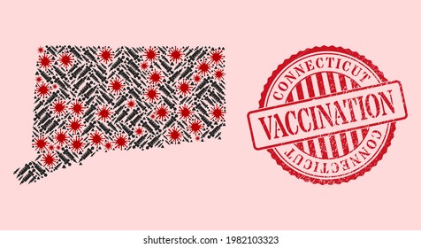 Vector mosaic Connecticut State map of SARS virus, vaccination icons, and red grunge vaccination stamp. Virus particles and vaccination particles inside Connecticut State map.