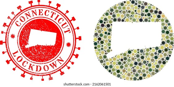 Vector mosaic Connecticut State map of covid virus elements and grunge LOCKDOWN seal.