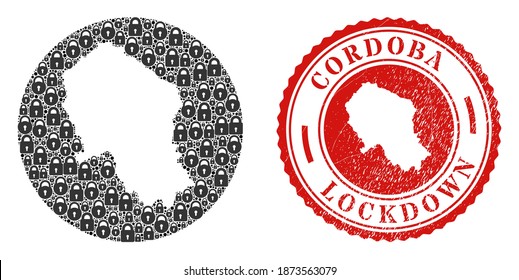 Vector mosaic Cordoba Spanish Province map of locks and grunge LOCKDOWN stamp. Mosaic geographic Cordoba Spanish Province map designed as carved shape from round shape with black locks.