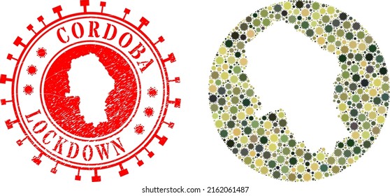 Vector Mosaic Cordoba Spanish Province Map Of Flu Virus Icons And Grunge LOCKDOWN Seal Stamp.