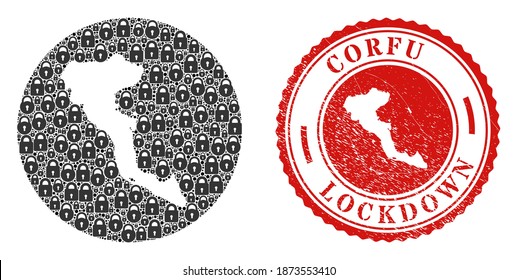 Vector mosaic Corfu Island map of locks and grunge LOCKDOWN stamp. Mosaic geographic Corfu Island map constructed as hole from circle with black locks.