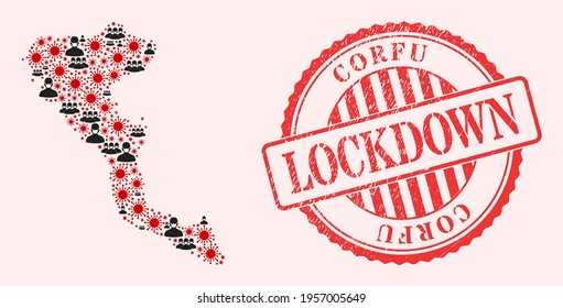 Mosaico vectorial de la isla de Corfú, mapa del virus del SARS, personas enmascaradas y sello de sellado de cierre de grunge rojo. Objetos de virus y personas con máscaras dentro del mapa de la isla de Corfú.