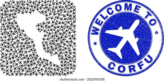 Vector mosaic Corfu Island map of air fly items and grunge Welcome stamp. Mosaic geographic Corfu Island map designed as carved shape from rounded square shape using air planes.