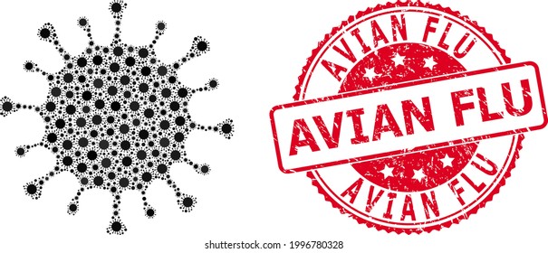 Coronavirus de mosaico vectorial de las partes del virus covid-2019, e impresión de sello redondo de la gripe aviar. Elementos del virus dentro del collage del coronavirus. El sello rojo incluye el título de la gripe aviar en el interior.