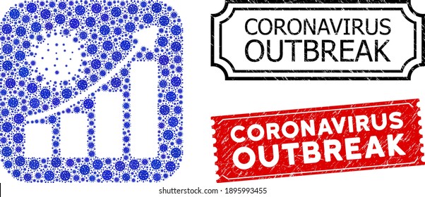 Tendencia de crecimiento del coronavirus de mosaico vectorial y estampillas de foca de brote de coronavirus grunge. La tendencia de crecimiento del coronavirus mosaico se creó como hueco de cuadrado redondeado con elementos de la capa azul.
