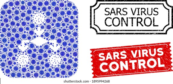 Vector mosaic coronavirus replication and grunge Sars Virus Control seal stamps. Mosaic coronavirus replication constructed as hole from rounded square with blue cell items.